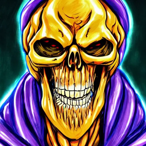 Image similar to portrait painting of skeletor, art by eiichiro oda, 4 k, one piece artstyle, cel shaded, highly detailed, epic lighting