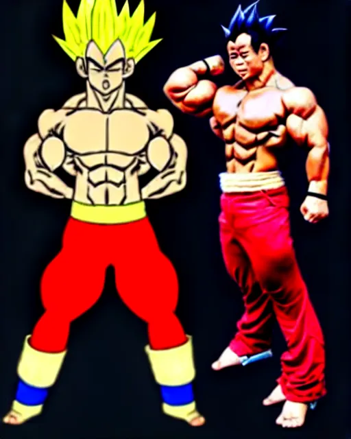 Image similar to rodrigo duterte, duterte as super saiyan in fighting pose with blonde spiky hair and body builder muscles and red pants, realistic