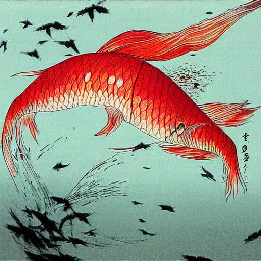 Prompt: carp falling from the sky, yoshitaka amano