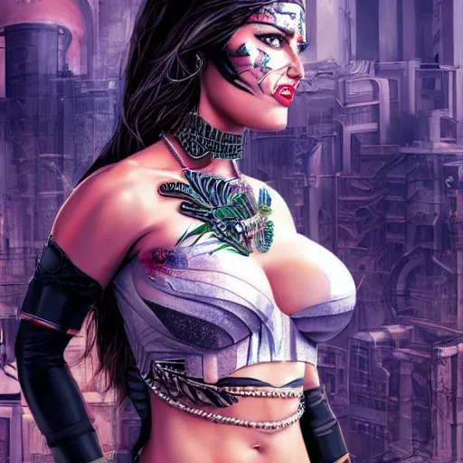 Image similar to a portrait of an female dragon belly dancer, sharp claws by sandra chevrier, detailed render, epic composition, cybernetics, 4 k realistic, cryengine, realistic shaded lighting, sharp focus, masterpiece, by matteo scalera, gary montalbano, peter elson in the style of the tokyo ghost comic