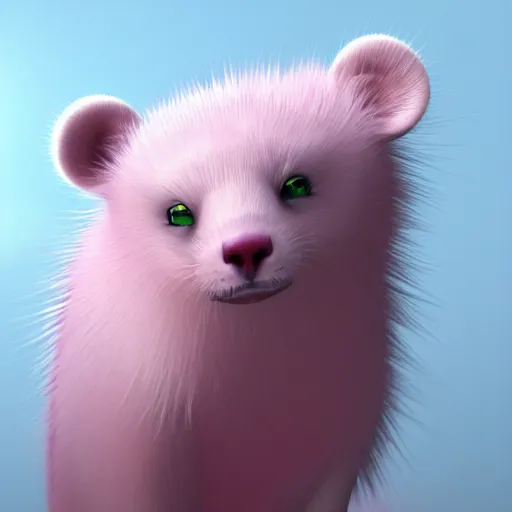 Image similar to white mink with pink nimbus of pink bacteria circle around the neck art by amano yoshitaka unreal engine hd 8k starring at camera symmetrical mink matte background