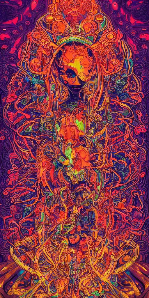 Image similar to psychedelic mushroom ritual central figure intricate highly detailed symmetrical, cinematic movie screen printing poster colorful and vivid pattern, by Artgerm, Darius Zawadzki, James Jean and Moebius, Artstation trending