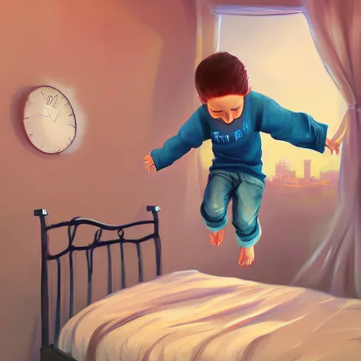 Prompt: little cute boy jumping on his bed by Cyril Rolando