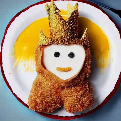 Prompt: standing breaded chicken with a crown of a king in top of it, hyper realistic, 4k