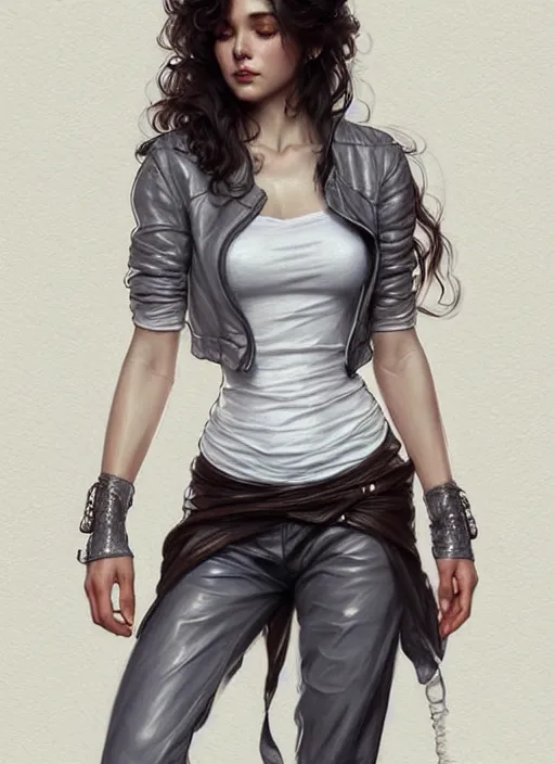 Prompt: girl in very short white! top and very short gray! leather jacket, open belly, long dark curly hair, high waist sweatpants, intricate, elegant, highly detailed, digital painting, artstation, concept art, smooth, illustration, art by artgerm and greg rutkowski and alphonse mucha