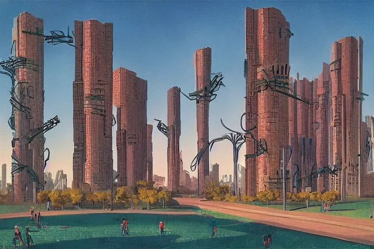 Prompt: city park surrounded by a tall defense wall. art in cyberpunk style by dali, and vincent di fate