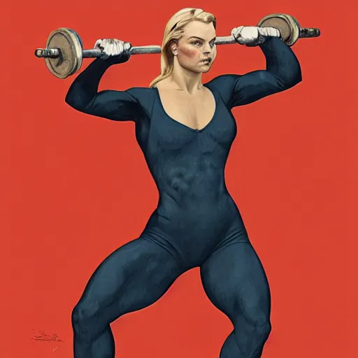 Image similar to socialist realism propaganda poster of margot robbie as beautiful female weightlifter, socialist realism, highly detailed, intricate, digital painting, artstation, sharp focus, illustration, art by jakub rozalski, greg rutkowski, artgerm, tan zi and ayanamikodon and alphonse mucha and wlop