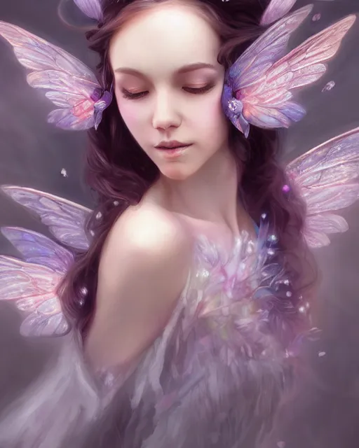 Prompt: a beautiful happy face forest fairy by artgerm in a scenic woods, sweet, graceful wings muted colors, sharp focus, high fantasy art, fairy aesthetics, intricate, elegant, highly detailed, hyperrealistic painting, artstation, concept art, painterly, dreamy, soft illumination, hasselbrad photography, illustration, art by scot howden