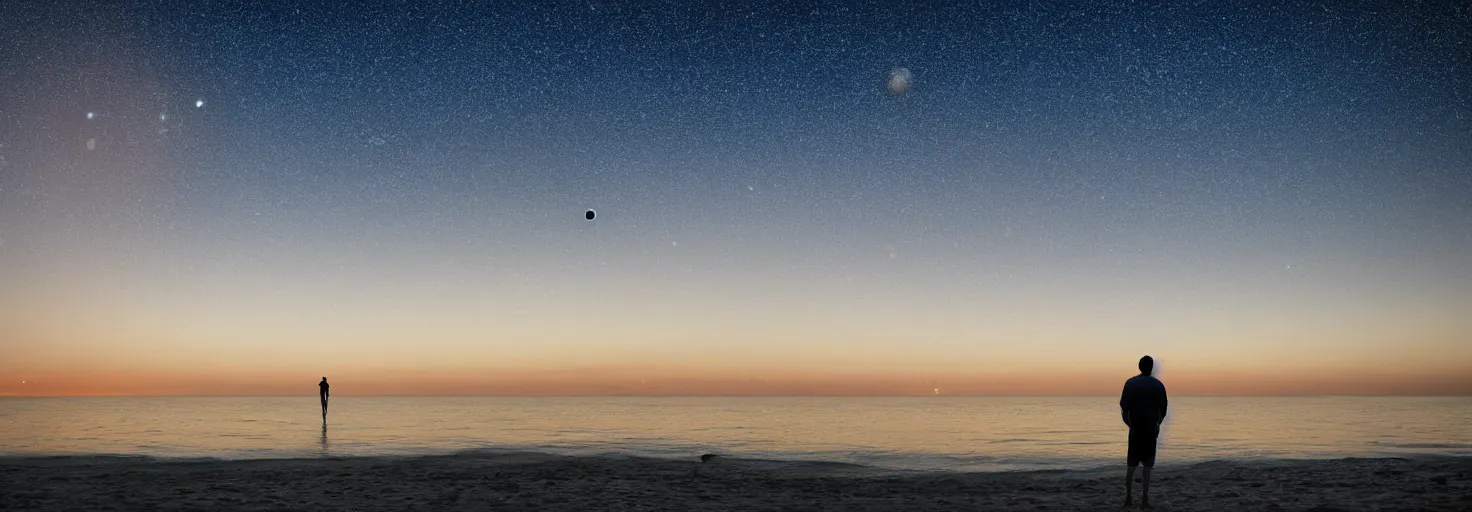 Prompt: man standing alone at the beach fishing in the ocean a distant galaxy and a planet with rings visible in the dusk sky highly detailed photograph high resolution 8 k