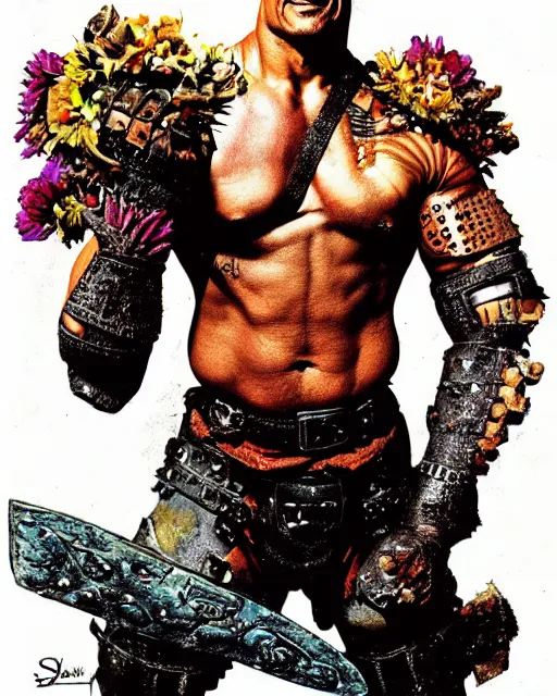 Prompt: portrait of a skinny punk dwayne johnson wearing armor by simon bisley, john blance, frank frazetta, fantasy, thief warrior, floral flowers colorful