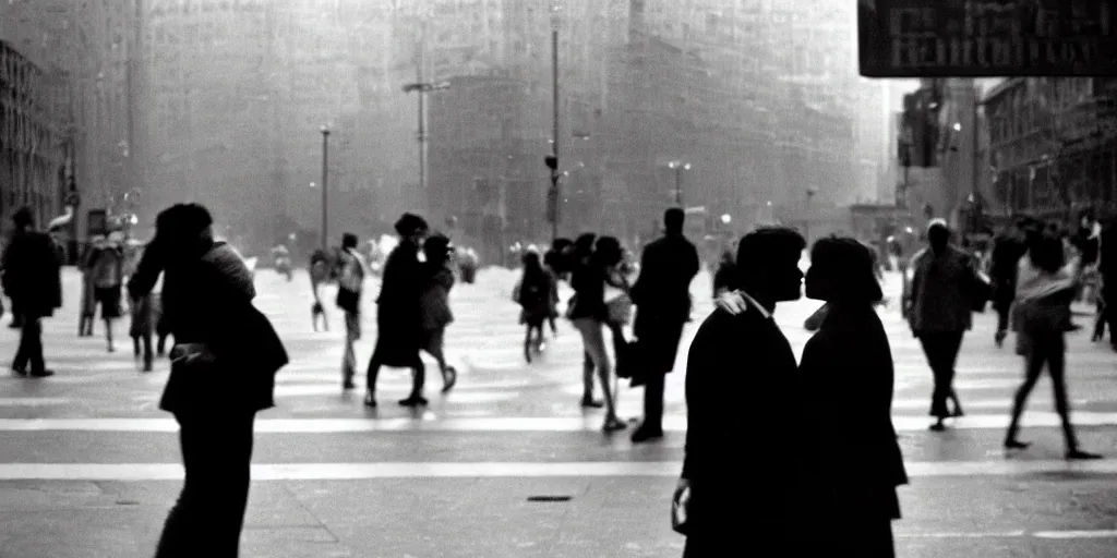 Prompt: street photo, blurred man and woman kissing, protests on the background, film photography, exposed b & w photography, christopher morris photography, bruce davidson photography, peter marlow photography