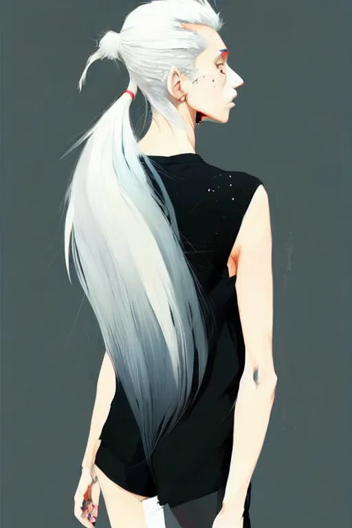 Prompt: a ultradetailed beautiful full body painting of a stylish woman in with white hair in a ponytail, she is wearing a black tank top, by conrad roset, greg rutkowski and makoto shinkai trending on artstation