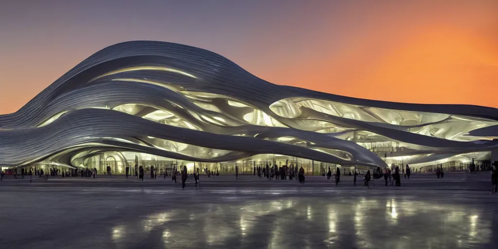 Image similar to extremely elegant smooth detailed stunning sophisticated beautiful elegant futuristic museum exterior by Zaha Hadid, Milan buildings in the background, smooth curvilinear design, stunning volumetric light, stainless steal, concrete, translucent material, beautiful sunset, tail lights