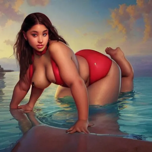 Prompt: sexy painting of 3 5 0 - pound ariana grande, red bikini, belly button piercing, ultra realistic, sharp details, subsurface scattering, intricate details, warm lighting, beautiful features, highly detailed, photorealistic, octane render, 8 k, unreal engine, art by artgerm and greg rutkowski and alphonse mucha