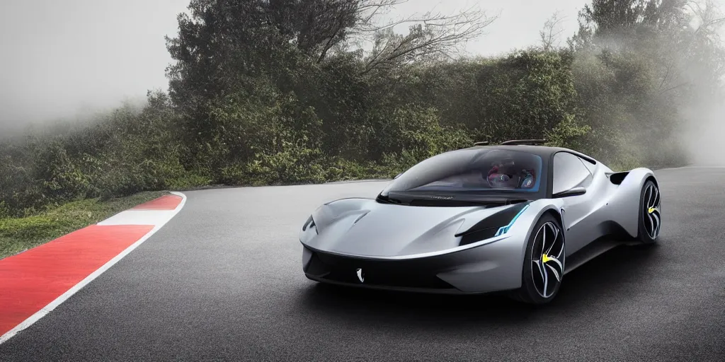 Prompt: a electric sport car designed by ferrari, outdoor magazine, ambient light, fog