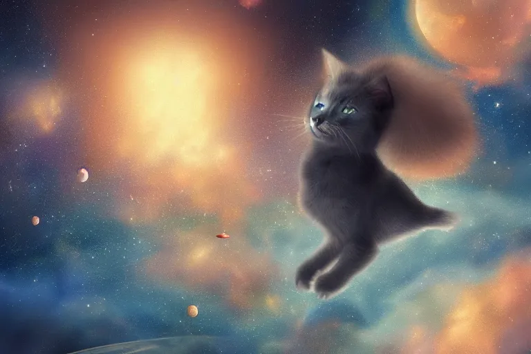 Prompt: a beautiful painting of a beatiful cute Russian blue cat floating in outer space, fantasy, digital art, volumetric lighting, trending on artstation