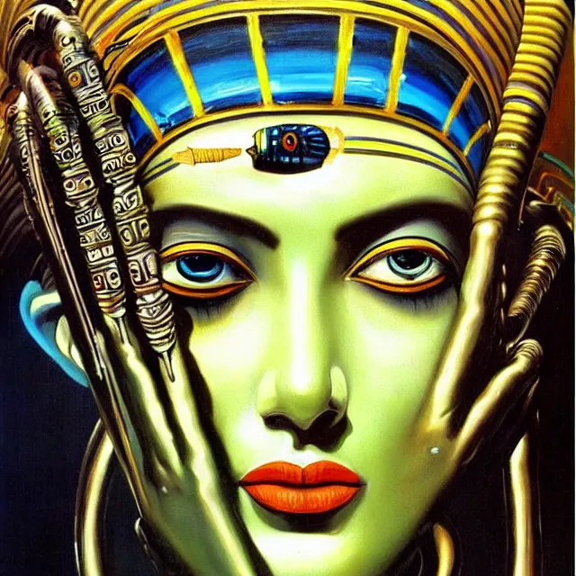 Prompt: a beautiful painting cyberpunk robot queen of egypt medusa face, by salvador dali realistic oil painting
