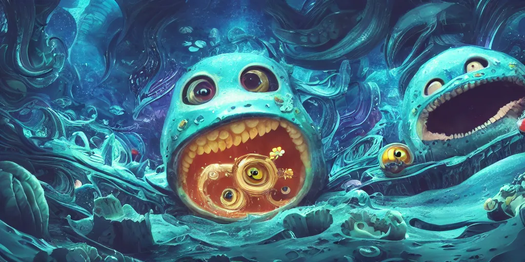 Image similar to of an intricate deep sea with strange cute friendly happy creatures with huge eyes, long tongue, round teeth and goofy funny face, appearing from the background, in the style of gehry and gaudi, macro lens, shallow depth of field, ultra detailed, digital painting, trending artstation, concept art, illustration, cinematic lighting, photorealism, epic, octane render