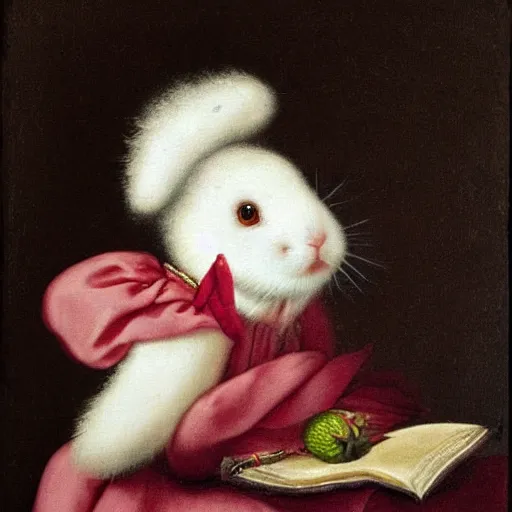 Prompt: a baroque painting of a fluffy white rabbit wearing a hat wasting a strawberry