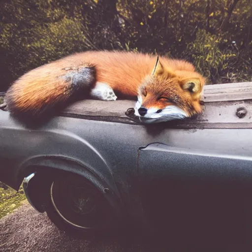 Prompt: fox sleeping on an old car, award winning photography