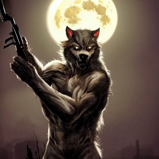 Prompt: a fearsome werewolf holding an ak - 4 7 in one hand and a elecric guitar in the other a full moon shies behind him, darkcinematic scene, super detailed, hyper realistic