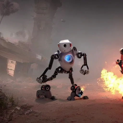 Prompt: xbox robot vs playstation robot, post apocalyptic, hd, unreal engine, cinematic
