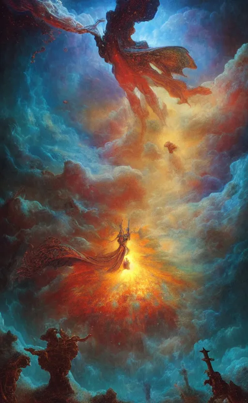 Image similar to hordes of demons and angels flying into a nebula portal in the sky, baroque architecture, detailed, vivid colors, masterpiece painting, octane render, volumetric lighting, cinematic, by gustave dore, by michelangelo, by beksinski