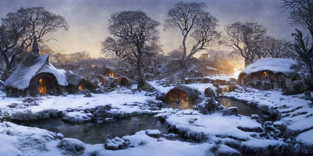 Image similar to Hobbiton near a frozen river during winter, evening, detailed matte painting, cinematic, Alan Lee, Artstation