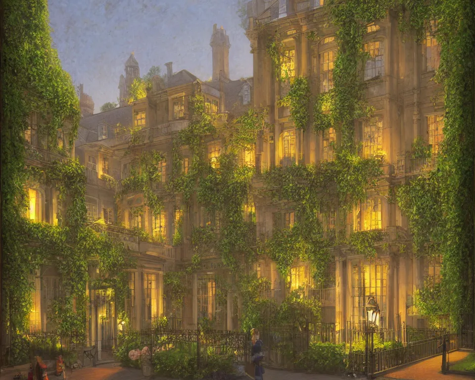 Prompt: an achingly beautiful print of a vibrant English four seasons hotel, lit by glowing wrought-iron lanterns and overgrown with ivy, on the winding streets of London by Raphael, Hopper, and Rene Magritte. detailed, romantic, trending on artstation.