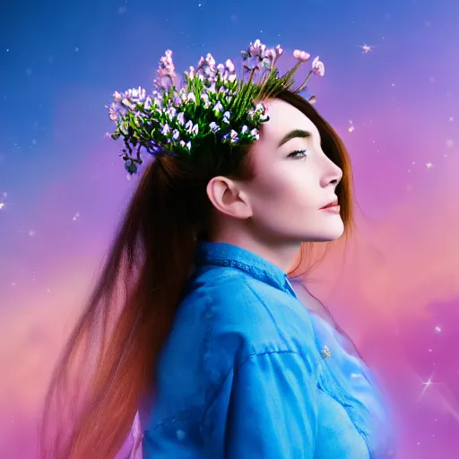 Prompt: a portrait of a romantic woman with flowers grow out of hair, roses peonies forget-me-nots dahlias lupins gladioli, sky theme in background, 35mm Photograph, 4K Resolution, Astrophotography, Digital Art, Trending on artstation