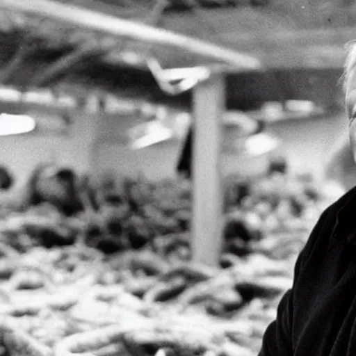 Prompt: david attenborough working in a slaughter house