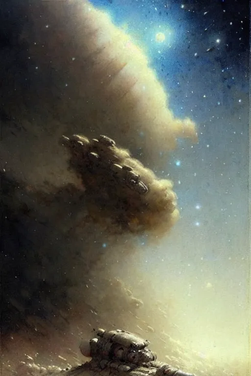 Image similar to ( ( ( ( ( 1 2 0 5 0 s retro science fiction outer space landscape. muted colors. ) ) ) ) ) by jean - baptiste monge!!!!!!!!!!!!!!!!!!!!!!!!!!!!!!