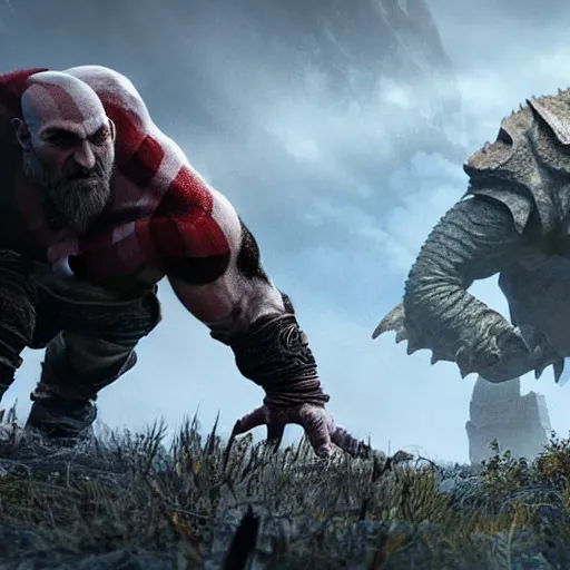 Image similar to screenshot of the game God of War with Kratos fighing a Rhinoceros beetle kaiju | Sony Pictures official media