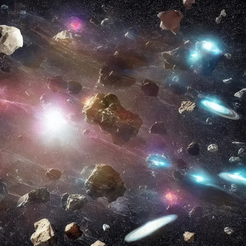 Prompt: galactic space fleet flying safely into an asteroid belt, 8 k resolution