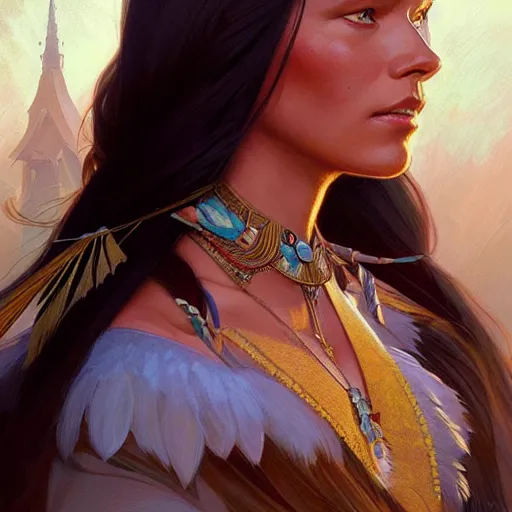 Image similar to Pocahontas, D&D, fantasy, intricate, elegant, highly detailed, digital painting, artstation, concept art, matte, sharp focus, illustration, art by Artgerm and Greg Rutkowski and Alphonse Mucha