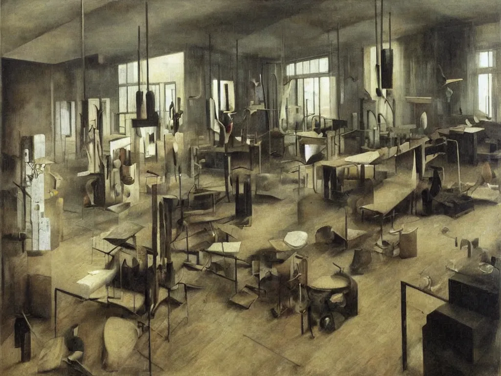 Image similar to Brutalist interior of an crazy imaginative sculptor studio. Painting by Vilhelm Hammershoi, Yves Tanguy