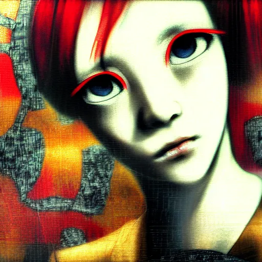 Image similar to yoshitaka amano blurred and dreamy realistic three quarter angle portrait of a young woman with short hair and black eyes wearing office suit with tie, junji ito abstract patterns in the background, satoshi kon anime, noisy film grain effect, highly detailed, renaissance oil painting, weird portrait angle, blurred lost edges