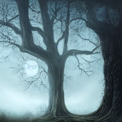 Prompt: an ultra detailed painting of a girl in a silver dress sitting in a gigantic ancient tree next to a pond at night, surrounded by a towering dark forest, the moon can be glimpsed through the trees and is veiled by fog, fog obscures the background, midnight, dark fantasy, fantasy forest, spooky forest, highly realistic, realistic painting