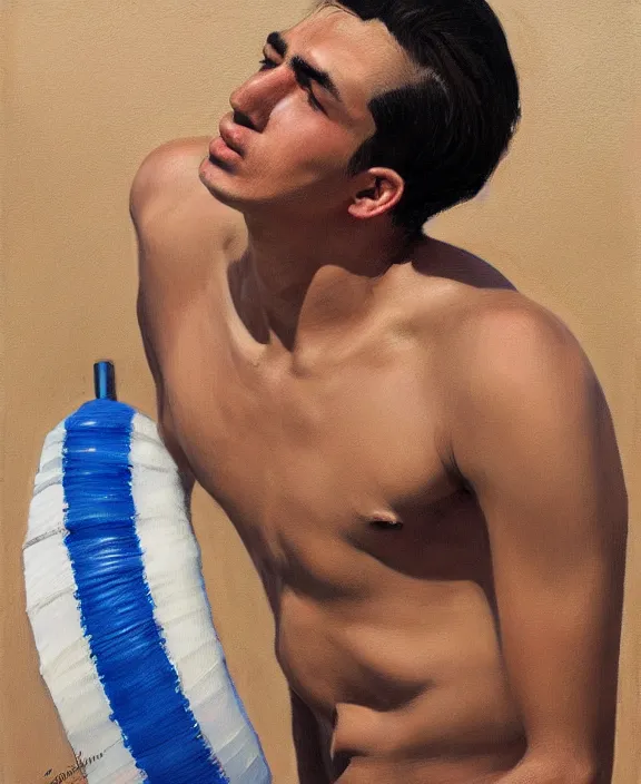 Image similar to portrait of a handsome young tejano swimmer, art by denys tsiperko and bogdan rezunenko, hyperrealism