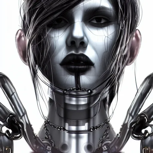 Prompt: digital artwork of woman wearing technological large steel collar, choker on neck, cyberpunk art style, 4K, portrait, punk hairstyle,