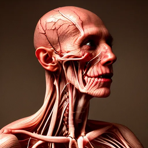 Prompt: Human with translucent skin, visible muscles and veins and arteries and nerves, beautiful detailed intricate insanely detailed octane render, 8K artistic photography, photorealistic, chiaroscuro, by David Cronenberg, Raphael, Caravaggio