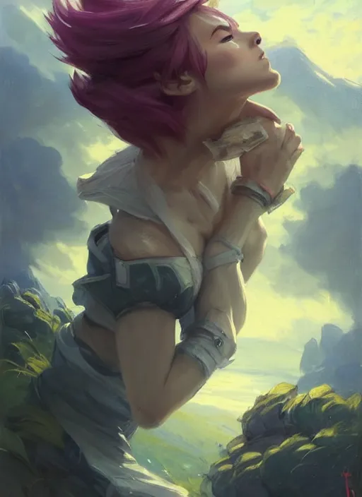 Prompt: portrait of VI from League of Legends after work, countryside, calm, fantasy character portrait, dynamic pose, above view, view from above, sunny day, thunder clouds in the sky, artwork by Jeremy Lipkin and Giuseppe Dangelico Pino and Michael Garmash and Rob Rey, very coherent symmetrical artwork, sharp edges, perfect face, simple form, 100mm