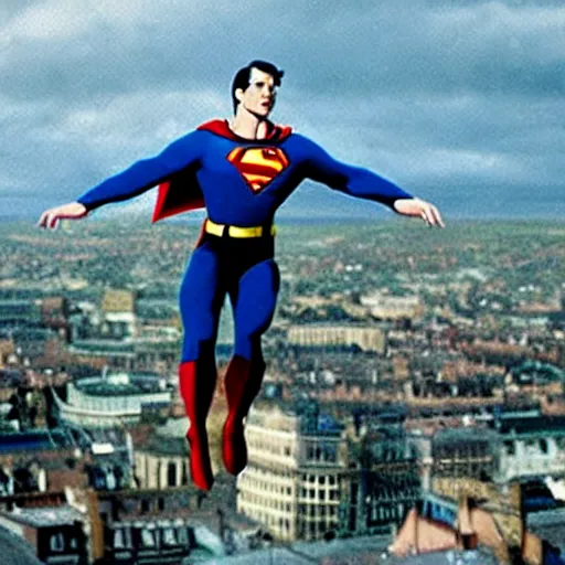 Image similar to A film still of superman flying over Dublin City Ireland