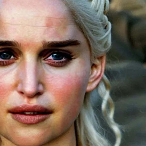 Image similar to a selfie of daenerys targaryen played by a young natalie portman, smooth skin, light violet eyes, ethereal beauty, medium shot, detailed eyes, vivid, golden hour