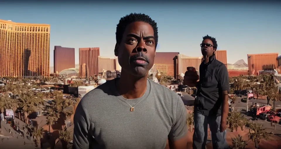 Prompt: first image afrofuturistic sci - fi movie starring chris rock, sundance official selection. shot on the las vegas strip with alexa mini, stunning cinematography, golden hour, filmgrain.