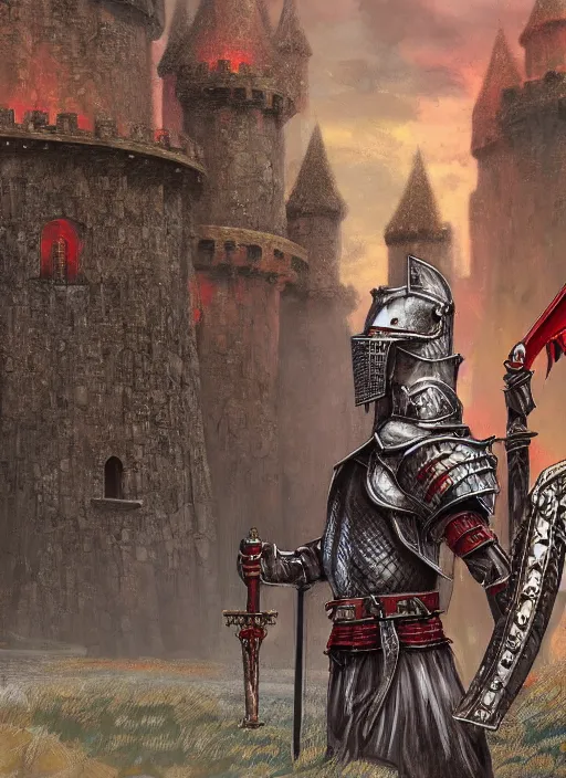 Prompt: A single Red Knight standing guard over the castle's gate, fantasy, artstation, highly detailed, 4k, digital painting, portrait by Larry Elmore