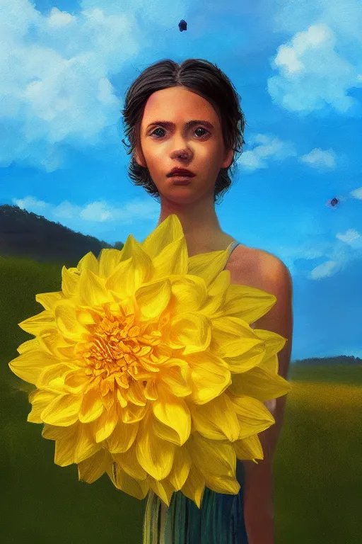 Image similar to closeup girl with huge yellow dahlia flower head, on beach, surreal photography, blue sky, sunrise, dramatic light, impressionist painting, digital painting, artstation, simon stalenhag