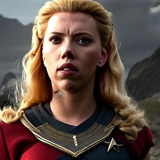 Image similar to starfleet uniform, portrait of scarlett johansson as lagertha, in starfleet uniform, from the tv series vikings