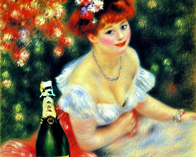 Image similar to vintage, big champagne bottle. cancan girl sitting on the big bottle, french, realistic, cheerful, 1 9 0 2, art by renoir