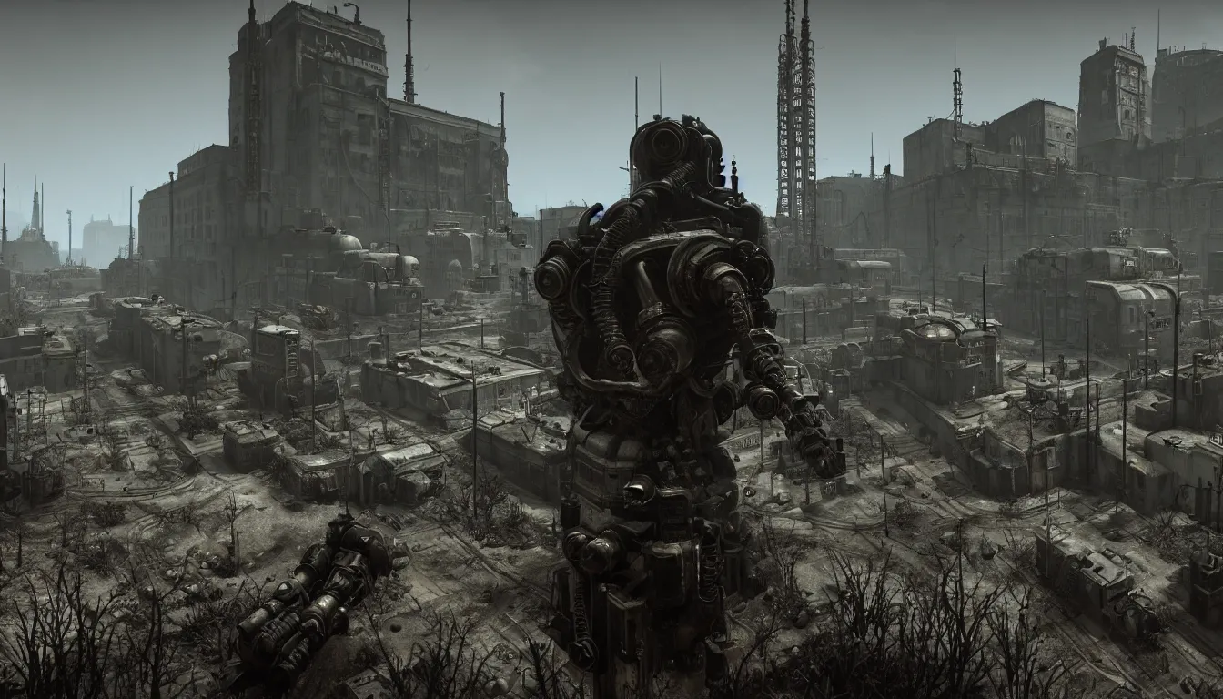 Image similar to nuclear, atomic, wasteland, wolfenstein type, dieselpunk, industrial, futuristic, very detailed, diesel, unreal engine 4